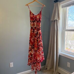 Guess L Orange Red Floral High Low Dress Ruffle V Neck Boho Tropical
